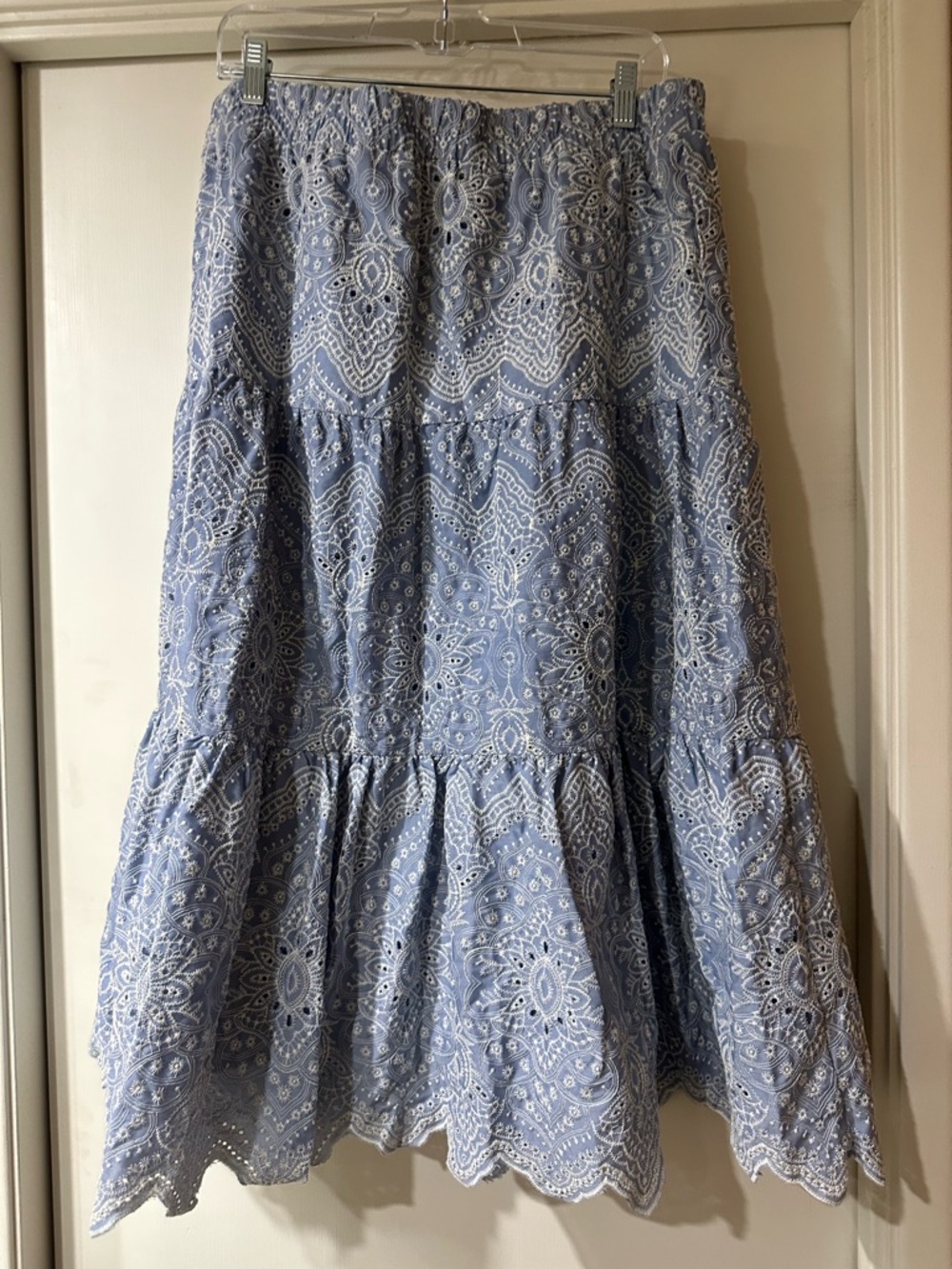 WD.NY Light Blue Eyelet Tiered lined maxi skirt